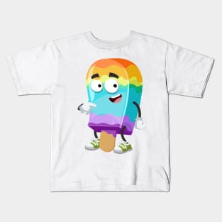 cartoon rainbow colors ice cream on a stick mascot showing himself Kids T-Shirt